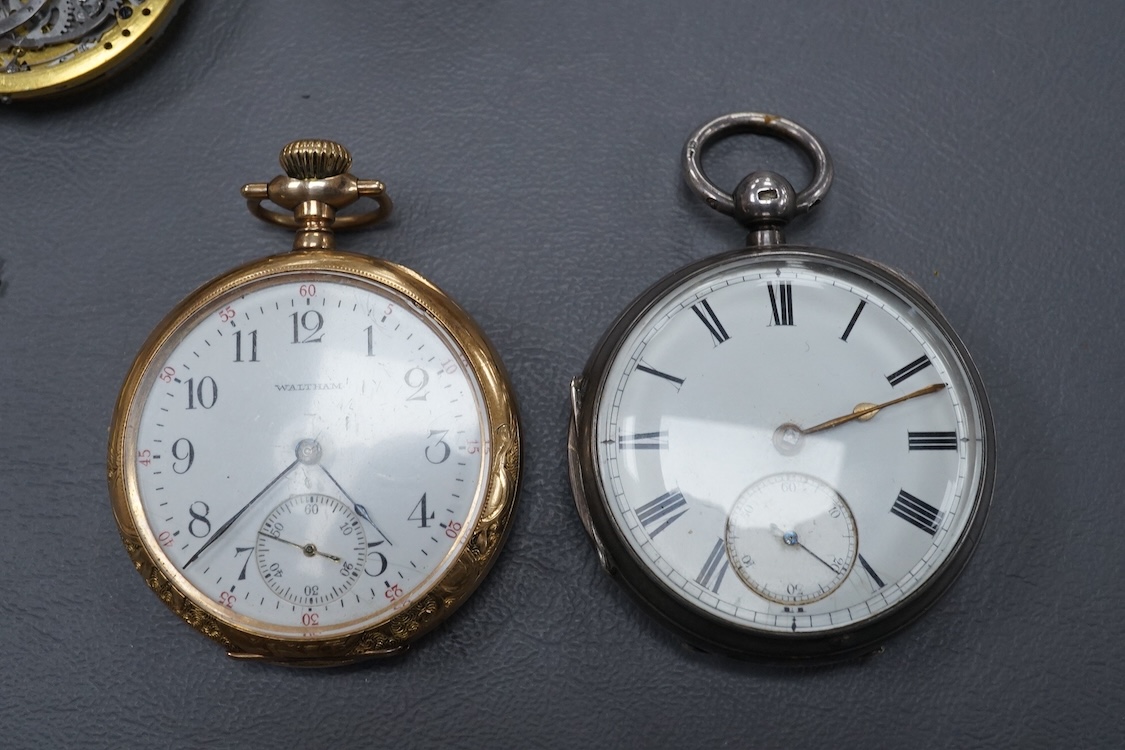 A late Victorian silver open faced keywind pocket watch, together with a Waltham gold plated pocket watch and six other items.